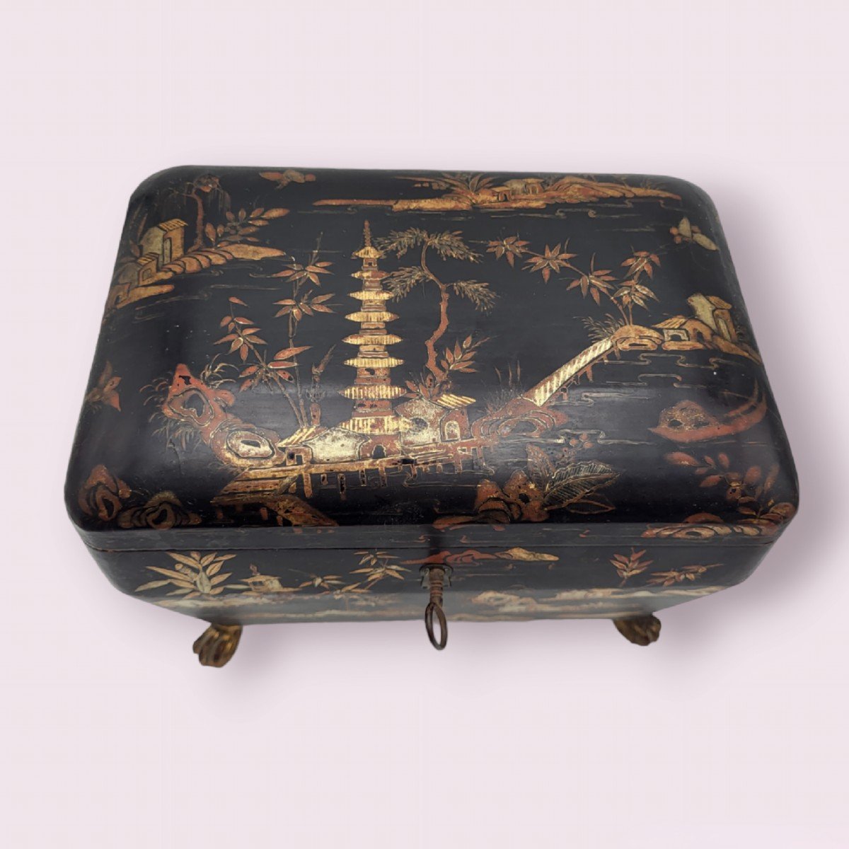 Old Chinese Black Lacquer Tea Box, Late 19th Century-photo-2