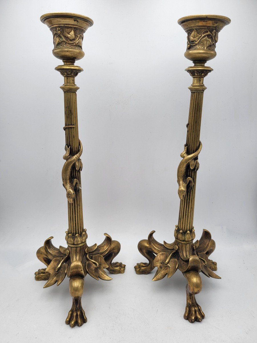 Pair Of Bronze Candlesticks Decorated With Salamanders, Napoleon III Period - 19th Century