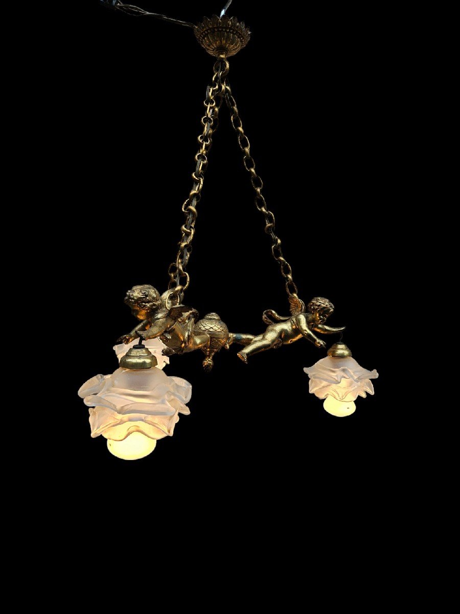 Lustre & Suspension à Décor De Putti & Angelot Vers 1900-photo-2