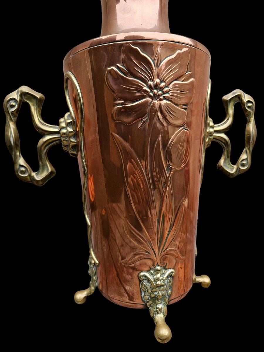 Art Nouveau Copper & Brass Vase Floral Decor & Faun Head & Fabrique Gbn & Jugendstil-photo-2