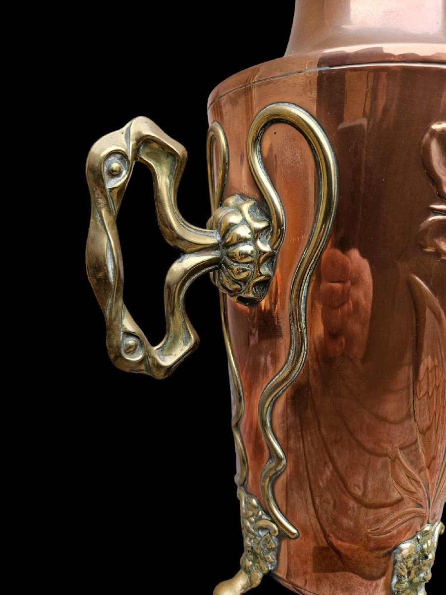 Art Nouveau Copper & Brass Vase Floral Decor & Faun Head & Fabrique Gbn & Jugendstil-photo-3