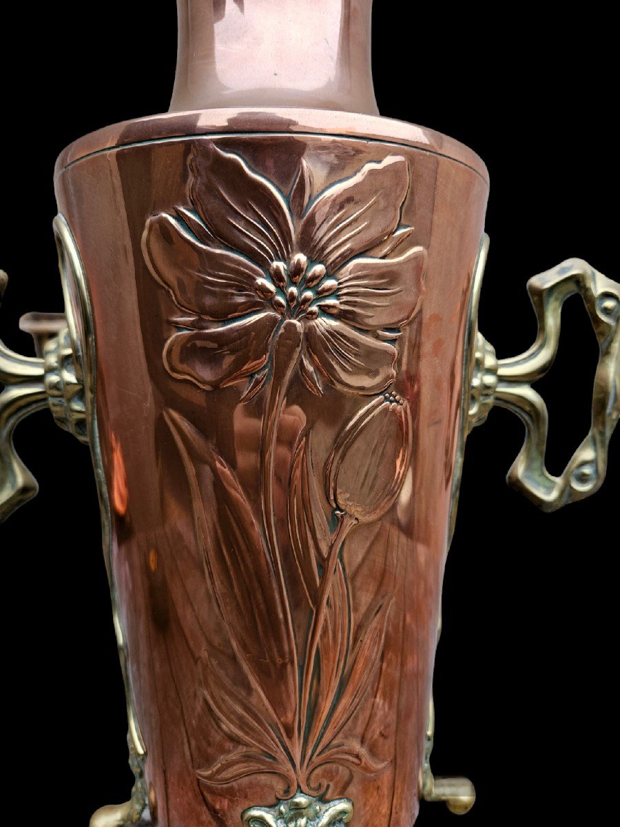 Art Nouveau Copper & Brass Vase Floral Decor & Faun Head & Fabrique Gbn & Jugendstil-photo-4