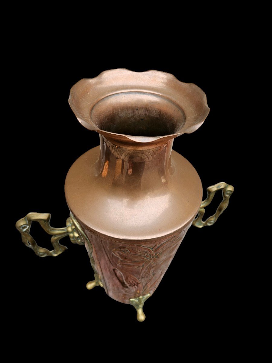 Art Nouveau Copper & Brass Vase Floral Decor & Faun Head & Fabrique Gbn & Jugendstil-photo-2