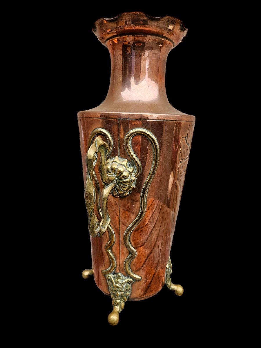 Art Nouveau Copper & Brass Vase Floral Decor & Faun Head & Fabrique Gbn & Jugendstil-photo-5