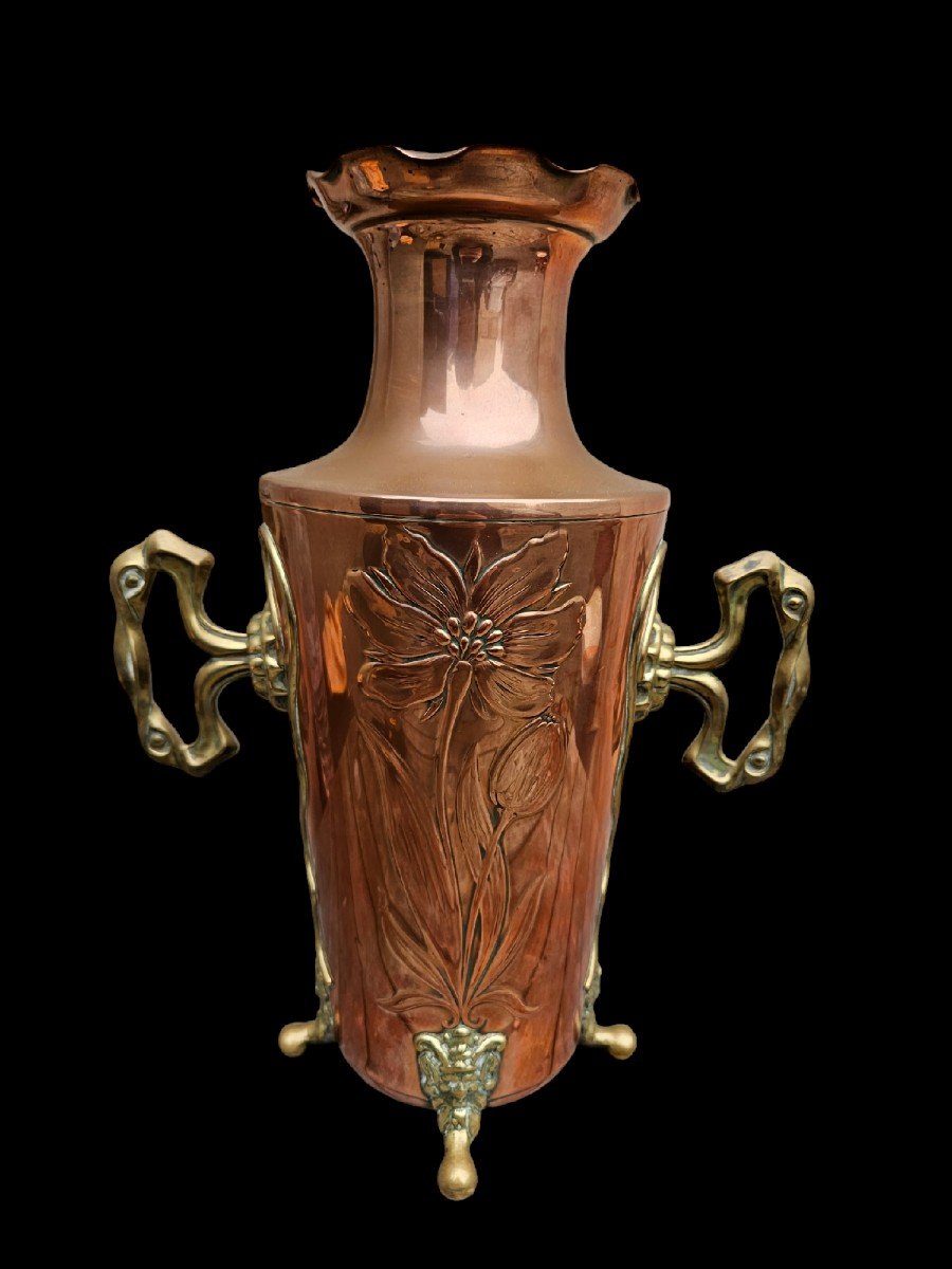 Art Nouveau Copper & Brass Vase Floral Decor & Faun Head & Fabrique Gbn & Jugendstil