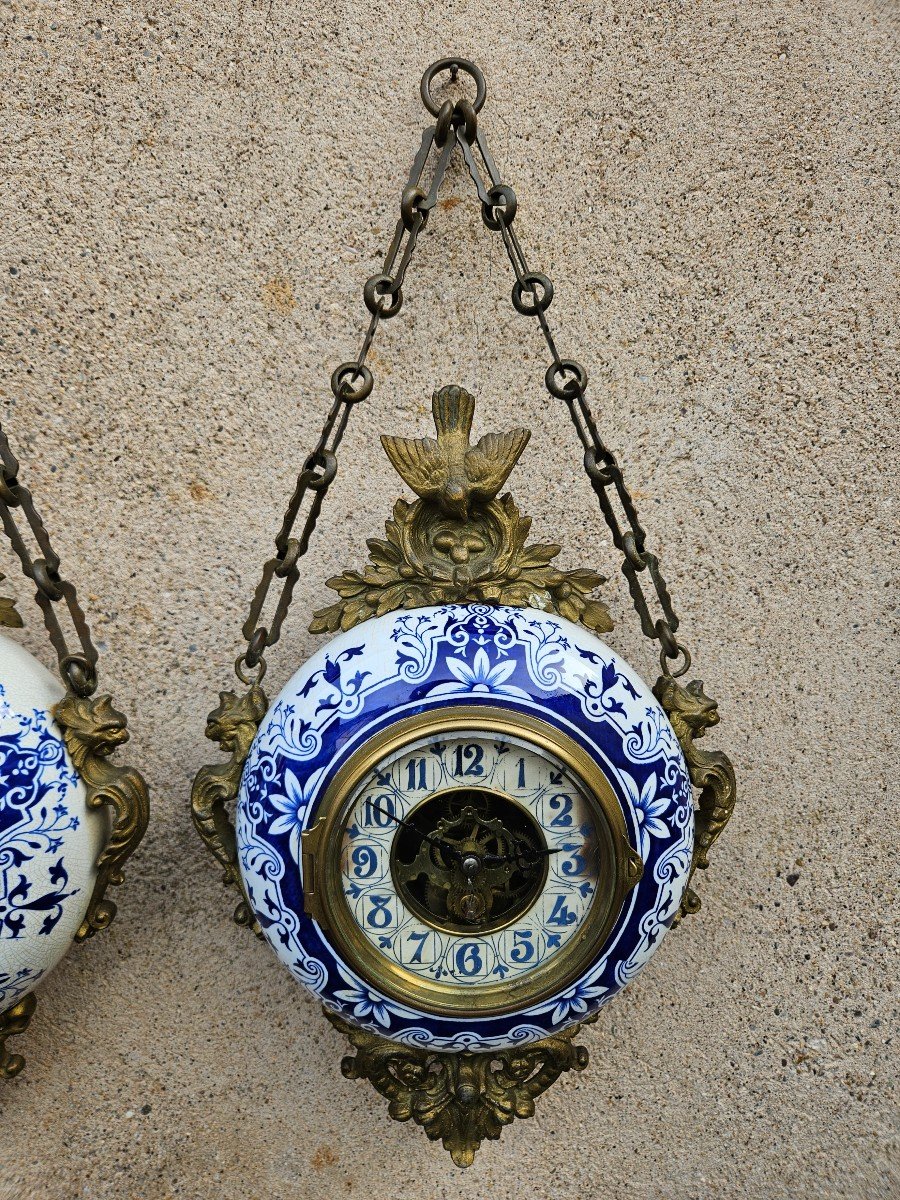 Pendulum / Wall Clock Called Boulangère In Earthenware & Matching Barometer 19th Century-photo-2