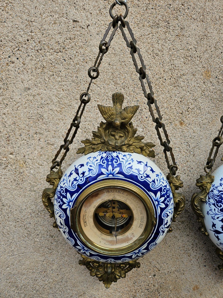 Pendulum / Wall Clock Called Boulangère In Earthenware & Matching Barometer 19th Century-photo-3