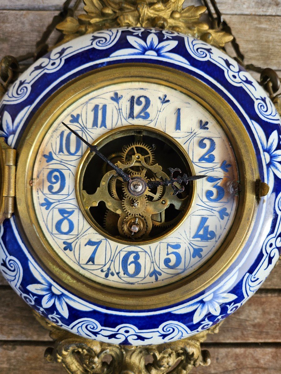 Pendulum / Wall Clock Called Boulangère In Earthenware & Matching Barometer 19th Century-photo-4