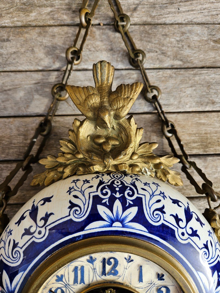 Pendulum / Wall Clock Called Boulangère In Earthenware & Matching Barometer 19th Century-photo-2