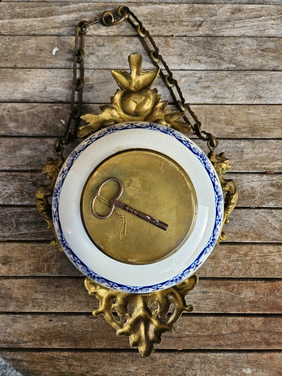 Pendulum / Wall Clock Called Boulangère In Earthenware & Matching Barometer 19th Century-photo-3