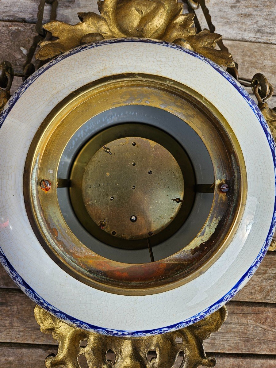 Pendulum / Wall Clock Called Boulangère In Earthenware & Matching Barometer 19th Century-photo-4