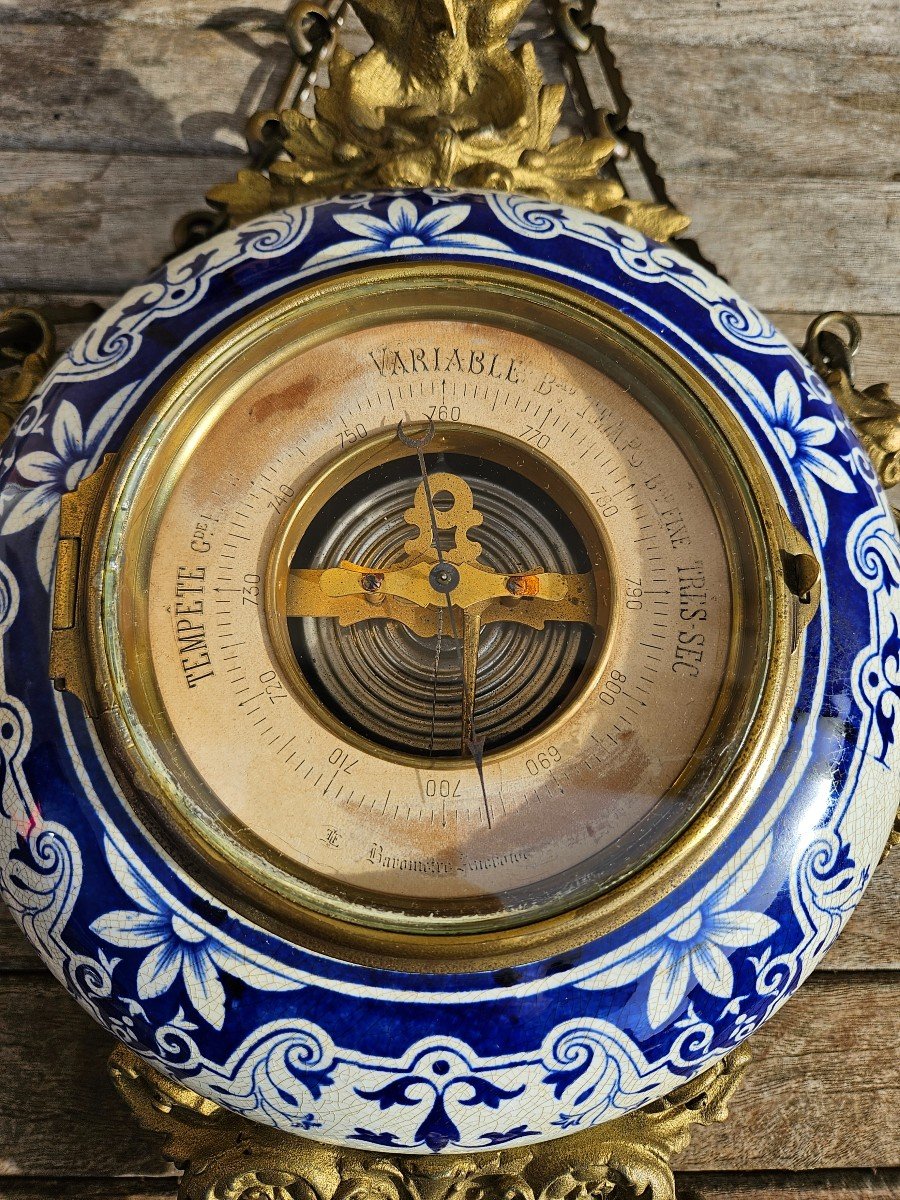 Pendulum / Wall Clock Called Boulangère In Earthenware & Matching Barometer 19th Century-photo-6