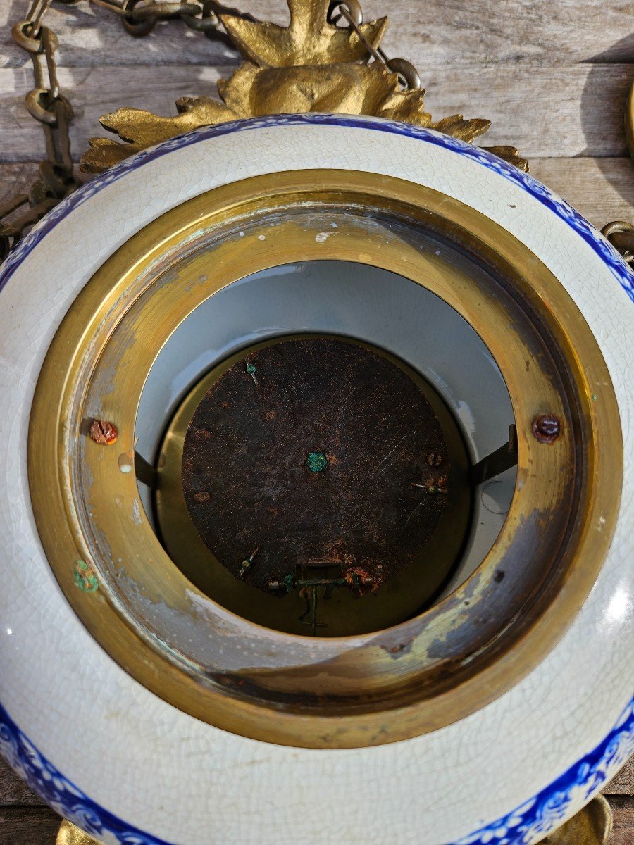 Pendulum / Wall Clock Called Boulangère In Earthenware & Matching Barometer 19th Century-photo-8