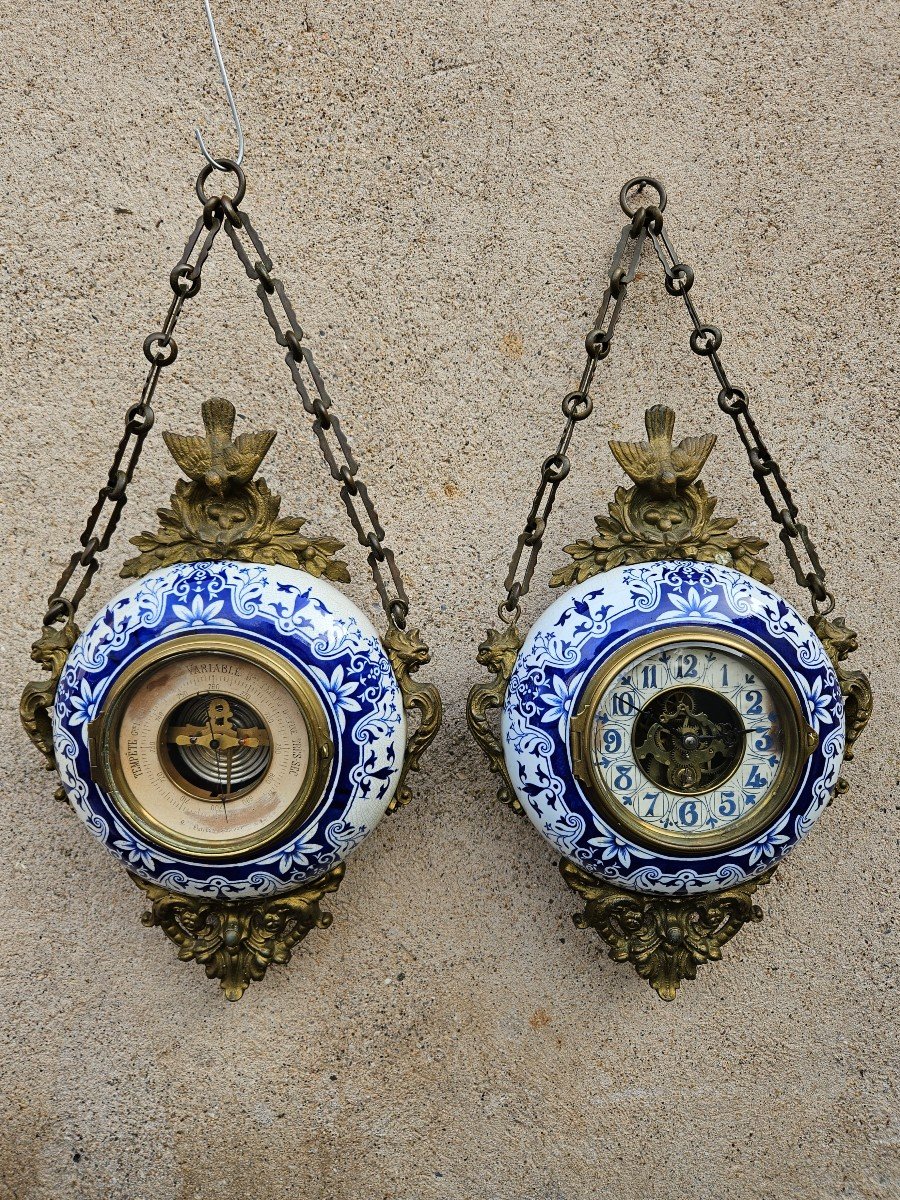 Pendulum / Wall Clock Called Boulangère In Earthenware & Matching Barometer 19th Century