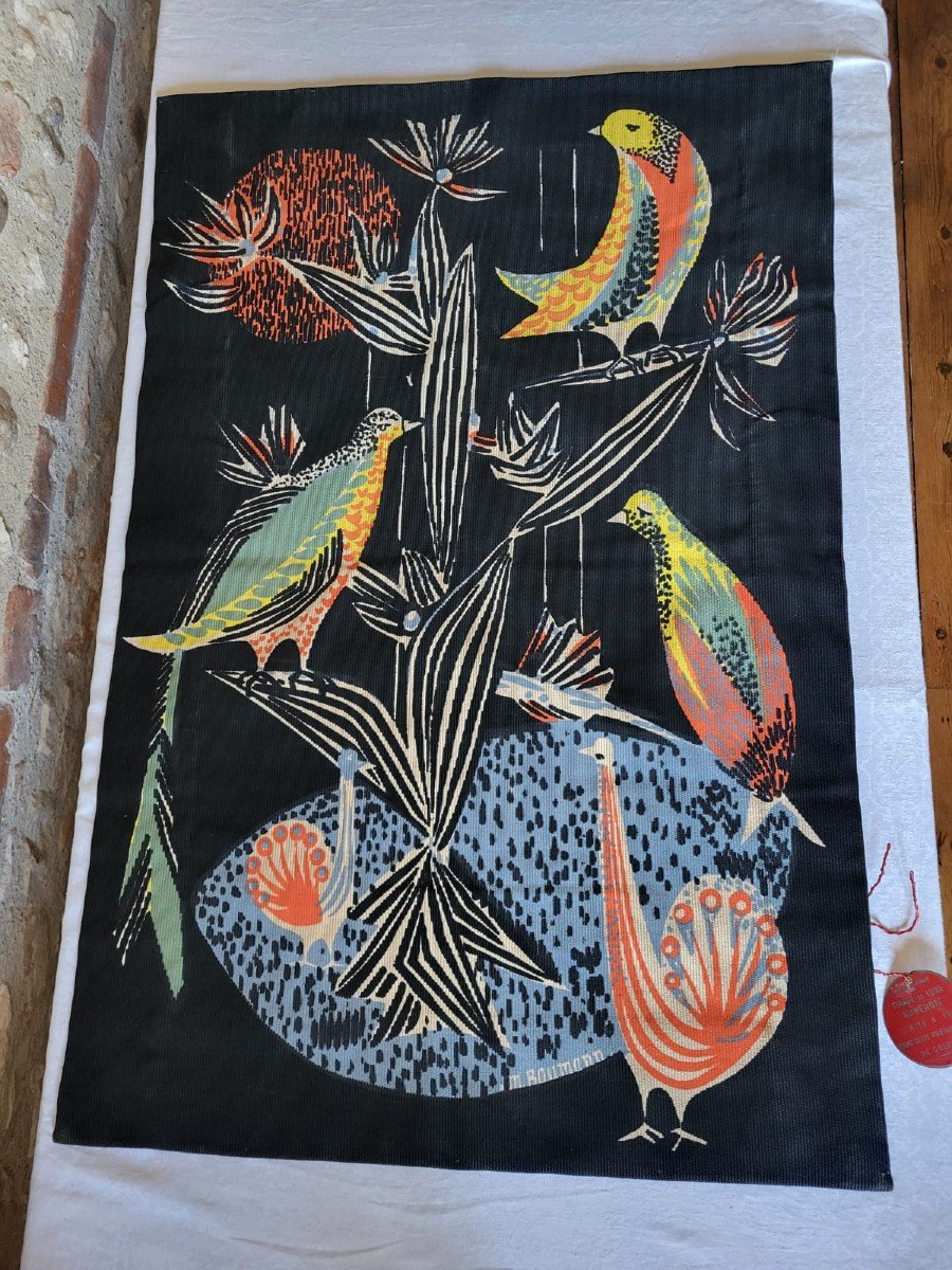 Marc Baumann Tapisserie Moderniste Aux Oiseaux Et Paons 74x108 Cm Numéro 54 / 100