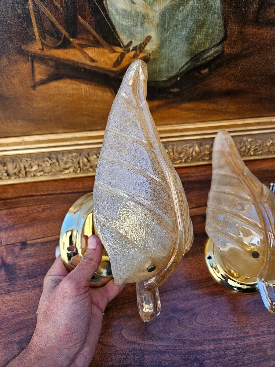 Pair Of Vintage Murano Glass Leaf Wall Sconces-photo-2