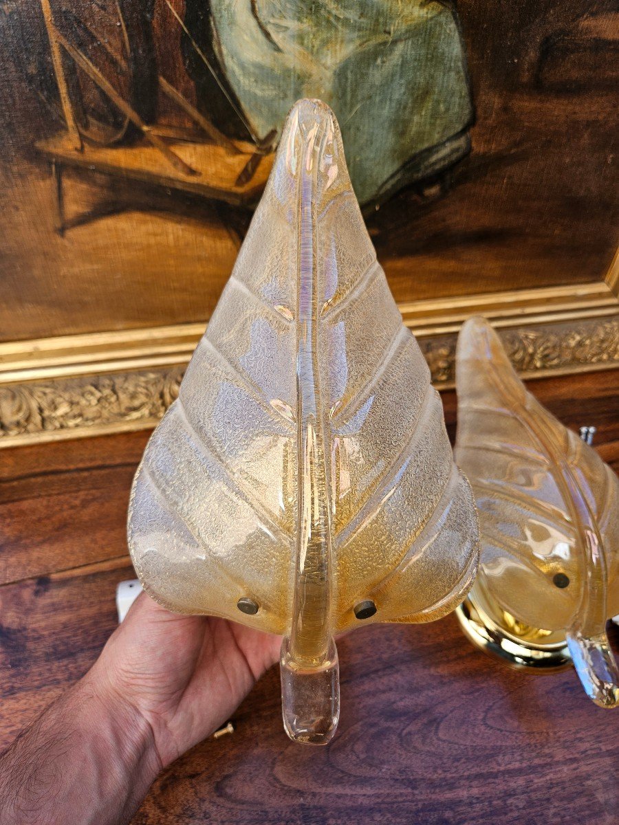 Pair Of Vintage Murano Glass Leaf Wall Sconces-photo-3