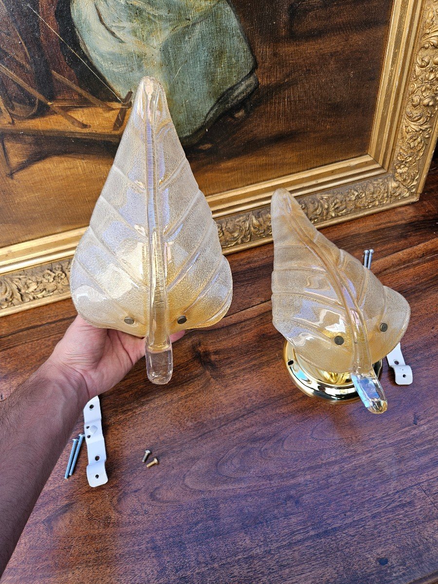 Pair Of Vintage Murano Glass Leaf Wall Sconces