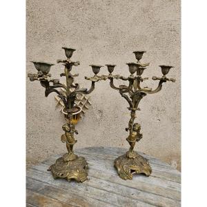 Pair Of Candelabra In Chiseled And Gilded Bronze Cherubs Decor Louis XV Style