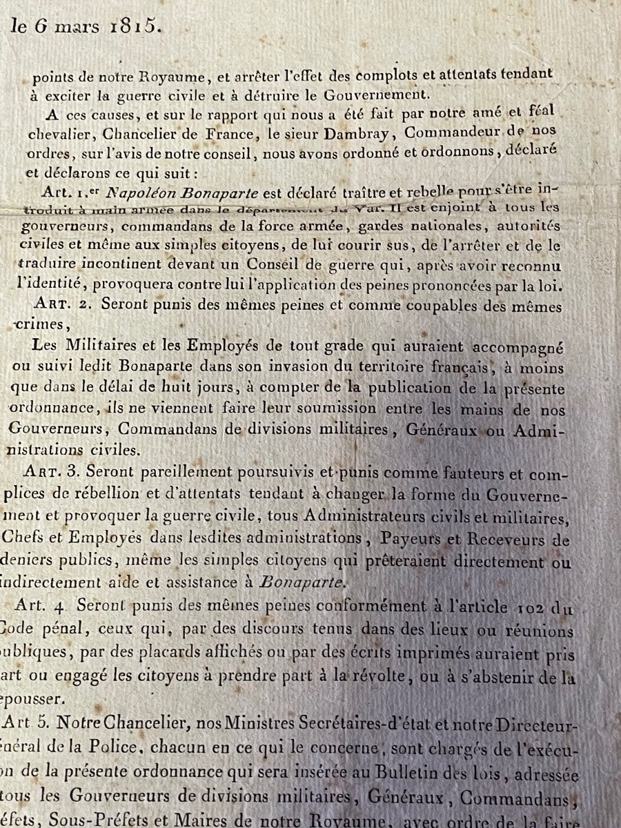 Rare Placard "arrest Of Napoleon 1st" Proclamation Of March 6, 1815 By Louis XVIII-photo-3