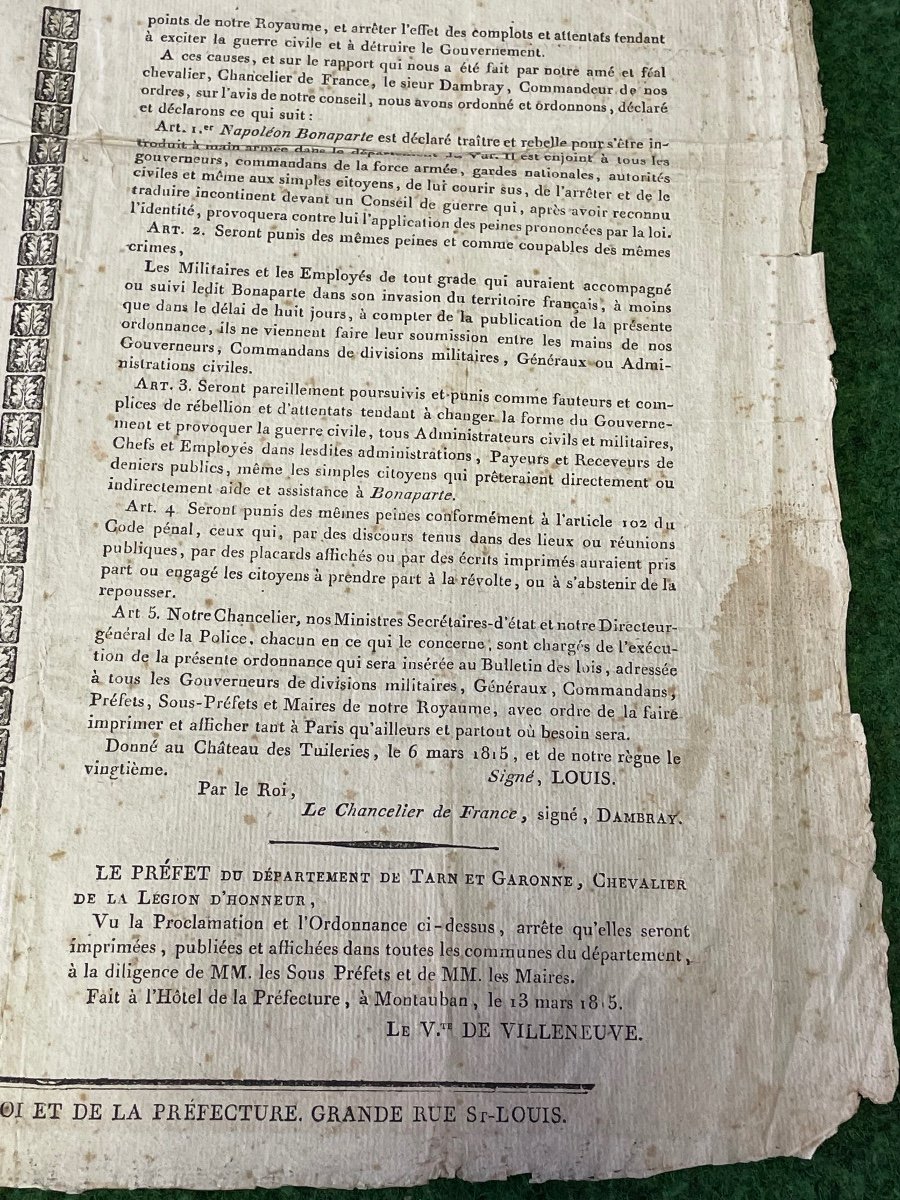 Rare Placard "arrest Of Napoleon 1st" Proclamation Of March 6, 1815 By Louis XVIII-photo-5