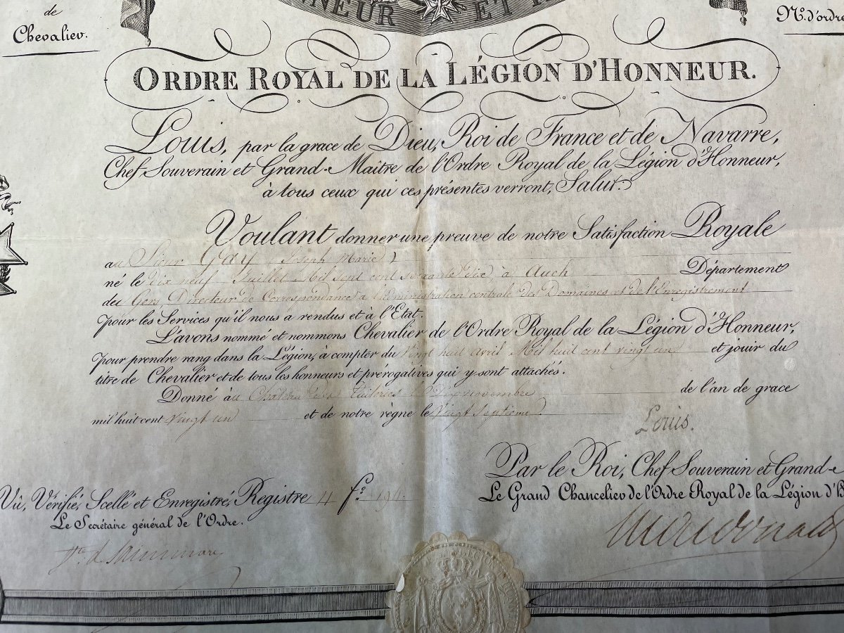 Brevet  Ordre Royal De La Légion d'Honneur   Louis  XVIII   1821 -photo-4