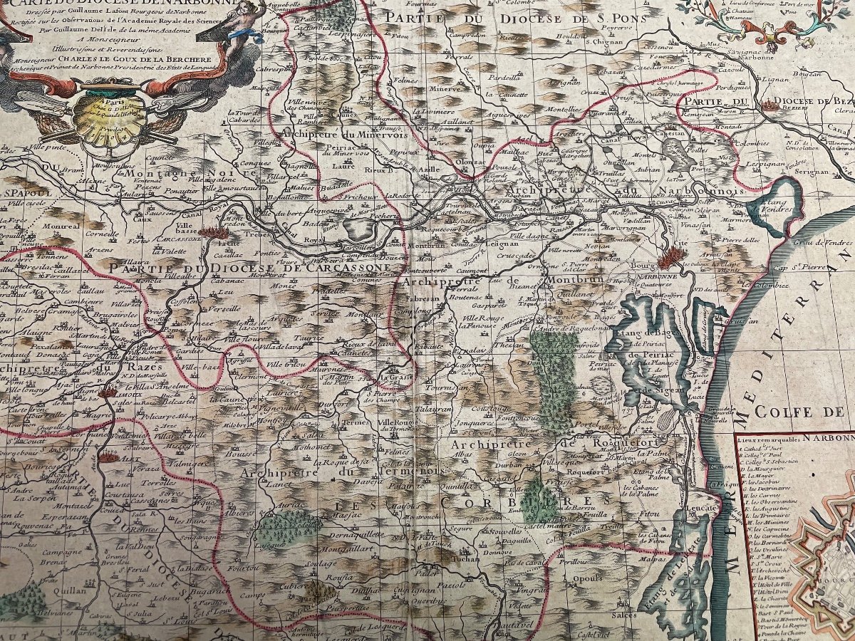 Geographical Map Of The Diocese Of Narbonne 1704 Early 18th-photo-2