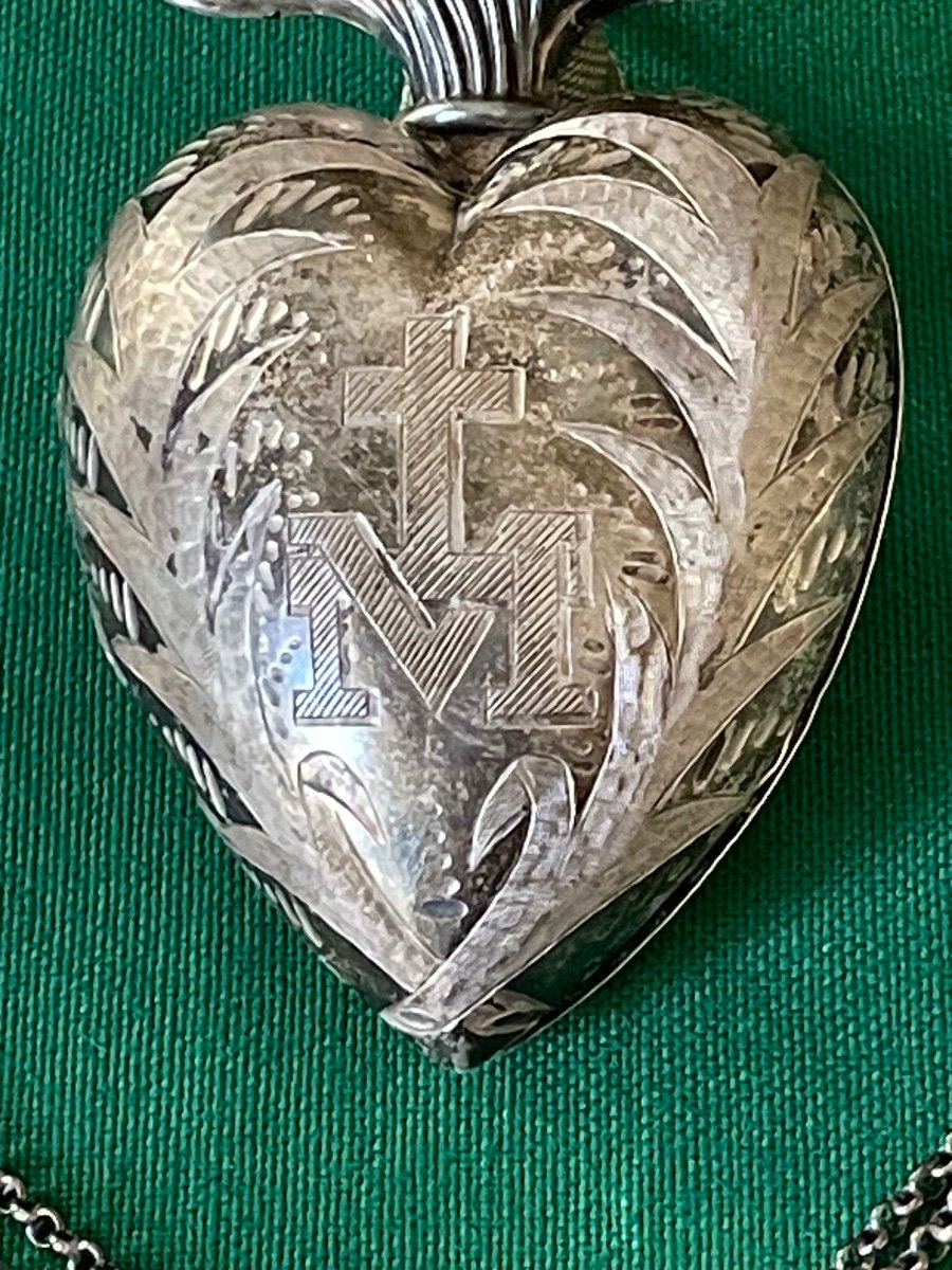 Coeur De Marie  " Ex Voto  " Argent  Massif  Croix  " Sacré  Coeur  " Avec Sa Chaine   XIX ème -photo-4