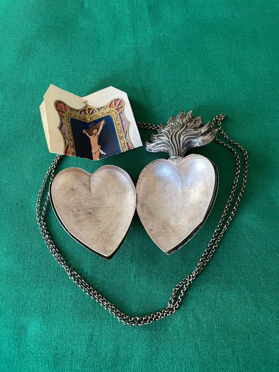 Coeur De Marie  " Ex Voto  " Argent  Massif  Croix  " Sacré  Coeur  " Avec Sa Chaine   XIX ème -photo-3