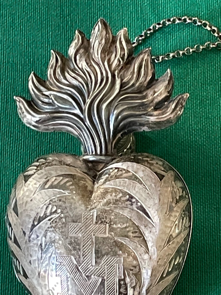 Coeur De Marie  " Ex Voto  " Argent  Massif  Croix  " Sacré  Coeur  " Avec Sa Chaine   XIX ème 