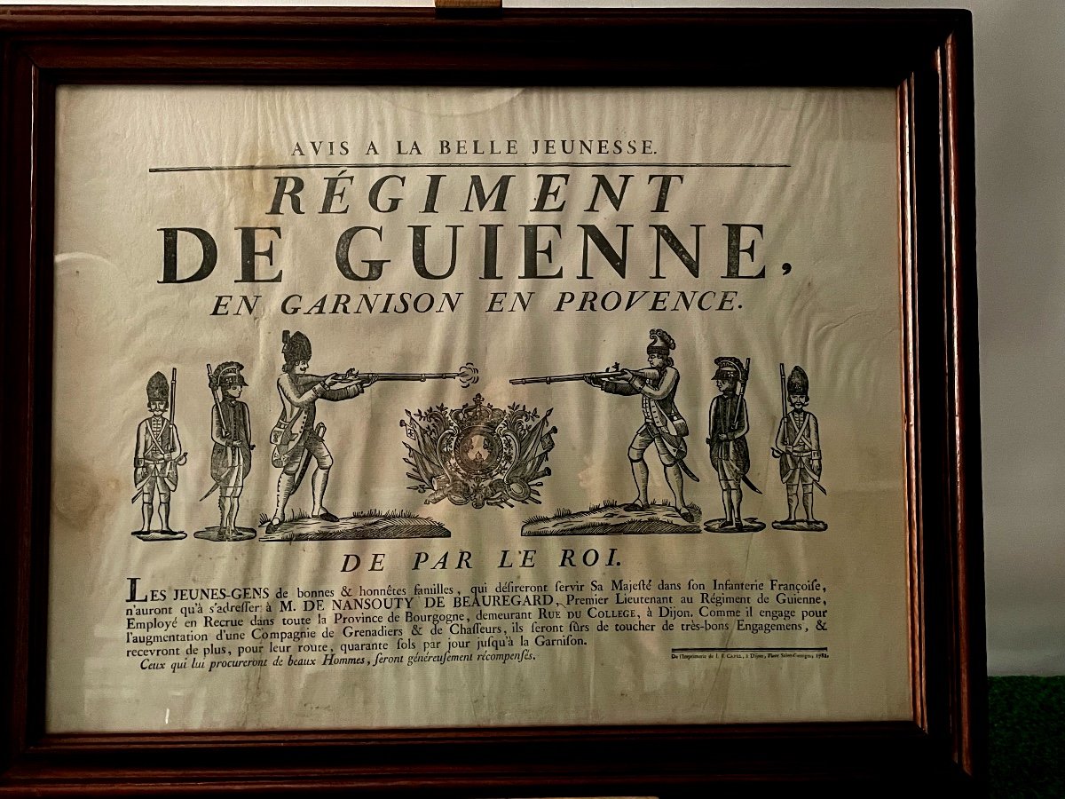 Rare Affiche De Recrutement Du Régiment De Guienne  d'époque 18 ème  1782