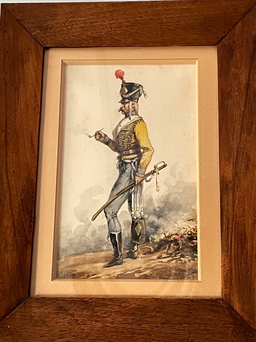 Aquarelle "  Hussard  Du 9 ème  Régiment  Au  Bivouac  Fumant La Pipe "  De  Lamy  19 ème -photo-3