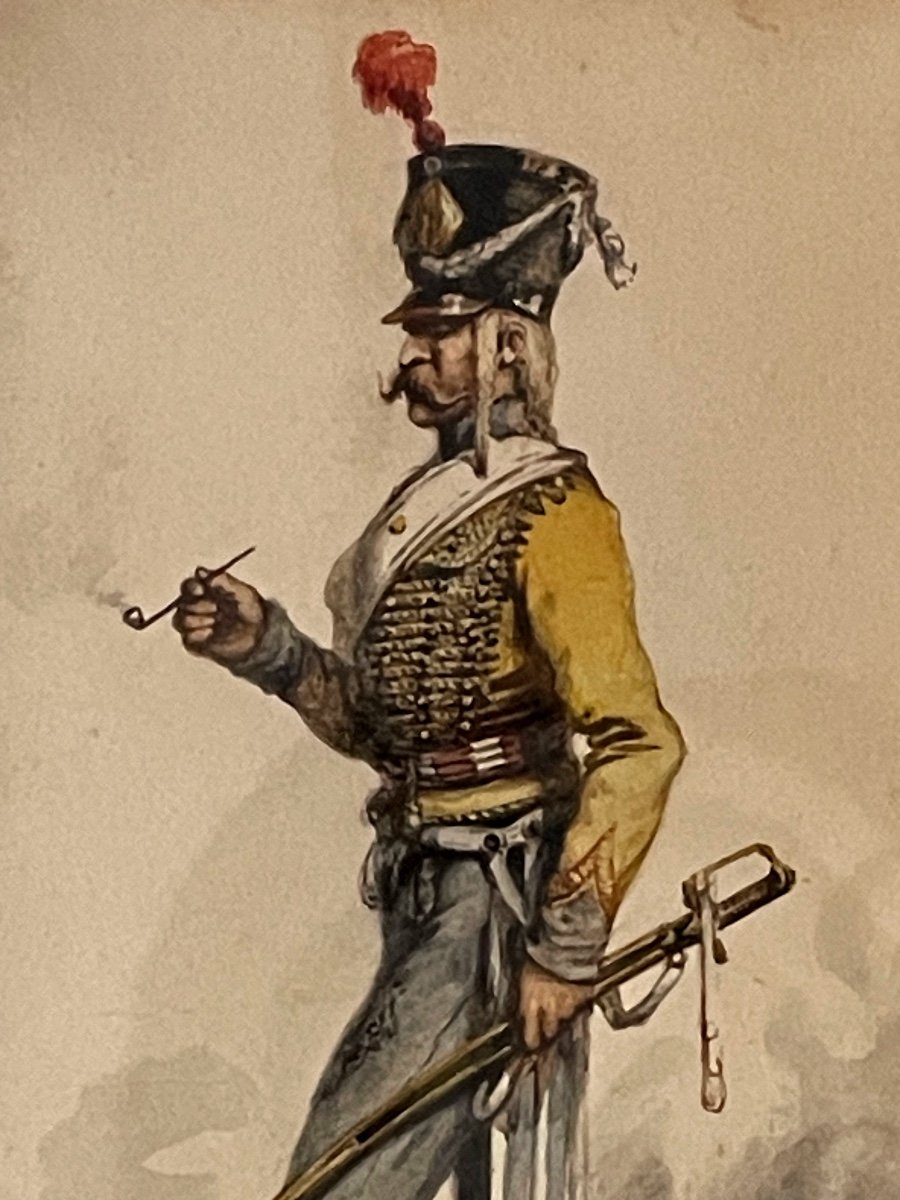 Aquarelle "  Hussard  Du 9 ème  Régiment  Au  Bivouac  Fumant La Pipe "  De  Lamy  19 ème -photo-4