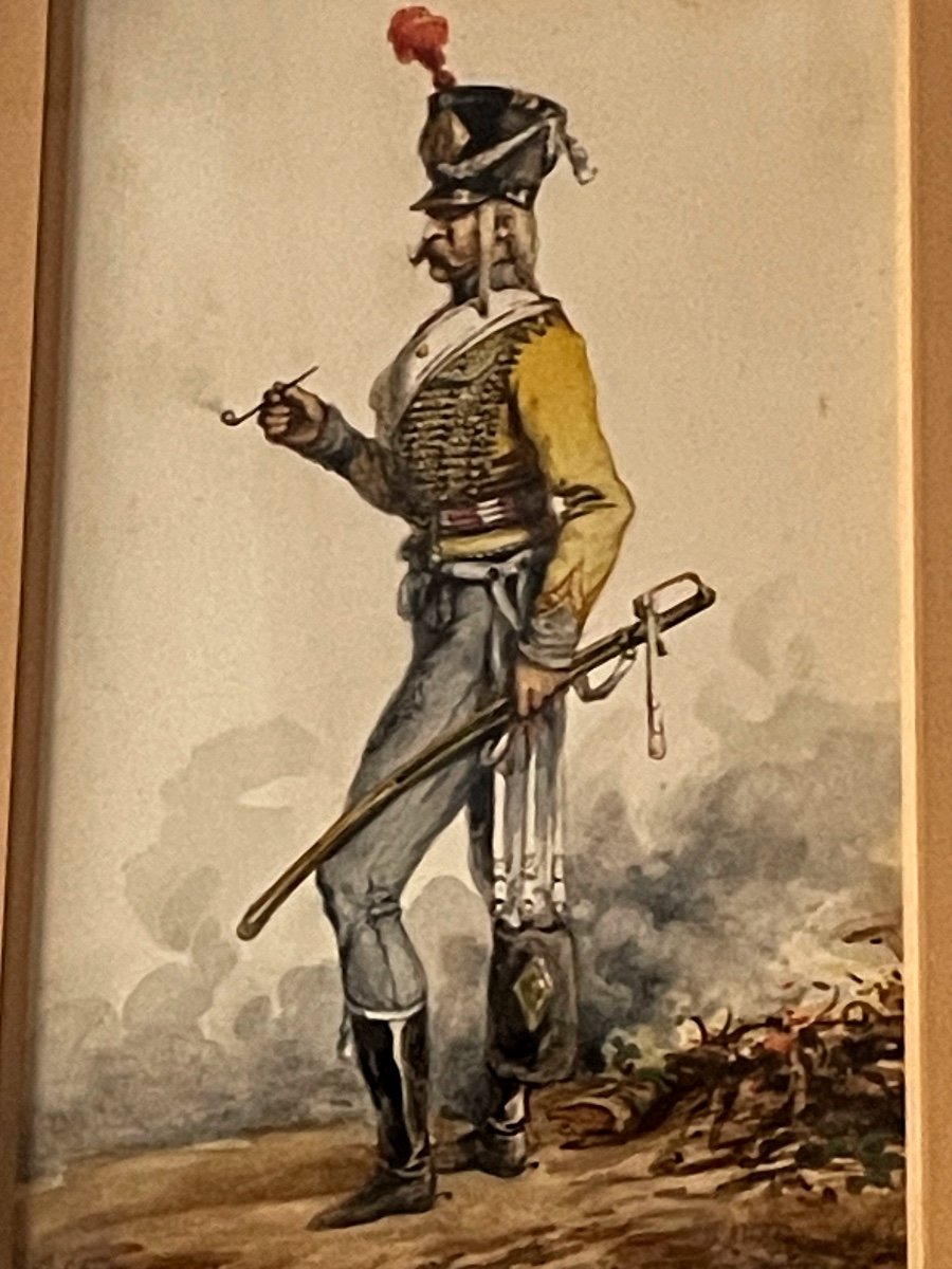 Aquarelle "  Hussard  Du 9 ème  Régiment  Au  Bivouac  Fumant La Pipe "  De  Lamy  19 ème -photo-1