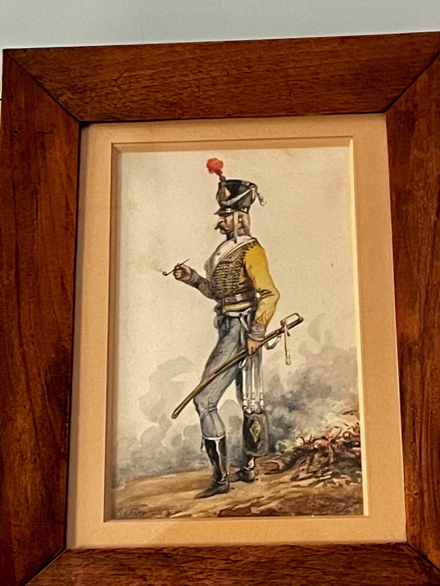 Aquarelle "  Hussard  Du 9 ème  Régiment  Au  Bivouac  Fumant La Pipe "  De  Lamy  19 ème 