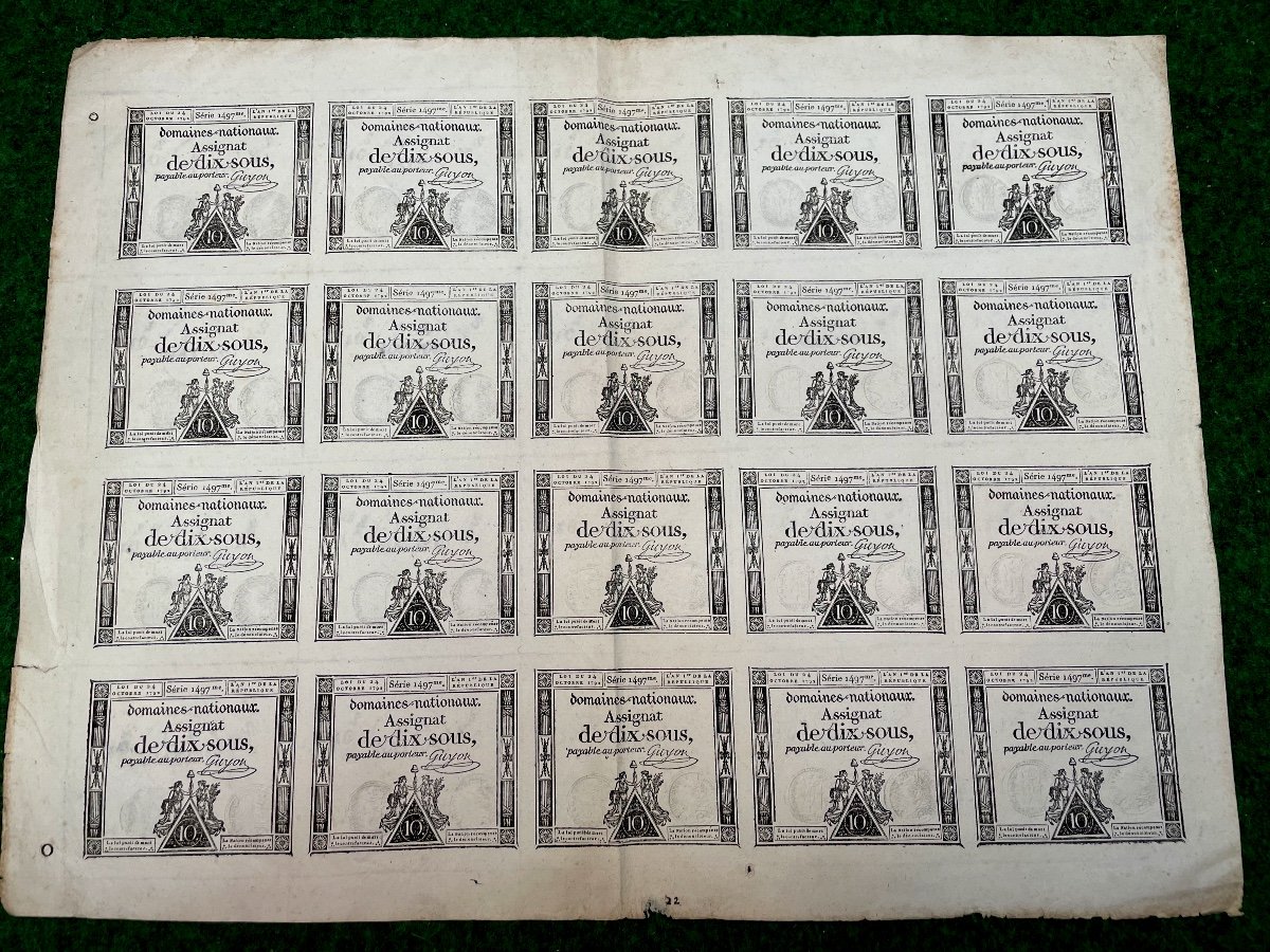 Planche d'Assignats  De  10  Sous  De  l'An Premier De La République  1792   époque  18 ème  N1