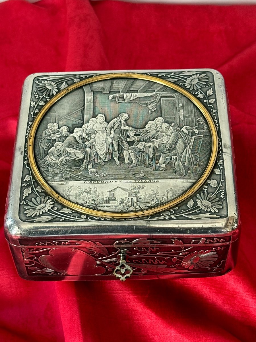 Silver Metal Jewelry Box "the Village Accordion" By Greuze, 19th Century -photo-3