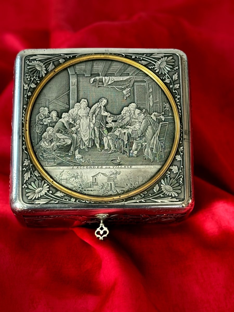 Silver Metal Jewelry Box "the Village Accordion" By Greuze, 19th Century -photo-4