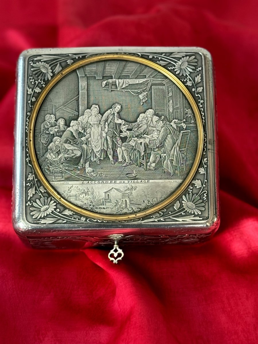 Silver Metal Jewelry Box "the Village Accordion" By Greuze, 19th Century 