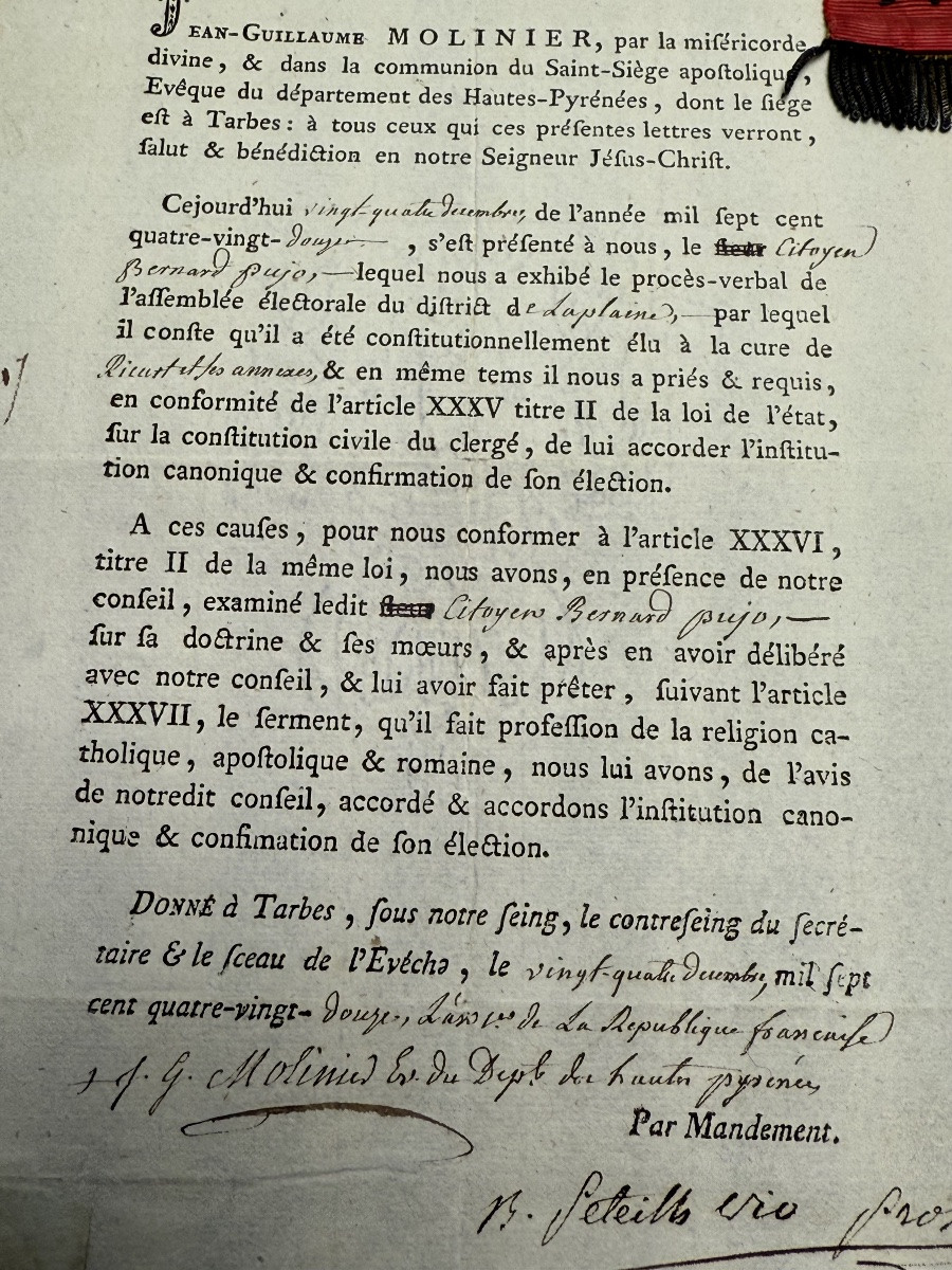  Tarbes  Nomination  d'Un  Curé  Constitutionnel  Avec Son Ruban  Révolutionnaire En   1792 -photo-4