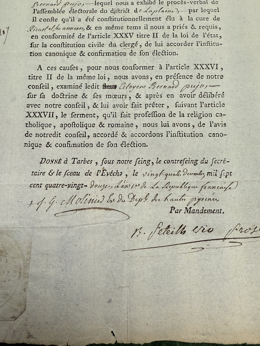  Tarbes  Nomination  d'Un  Curé  Constitutionnel  Avec Son Ruban  Révolutionnaire En   1792 -photo-1