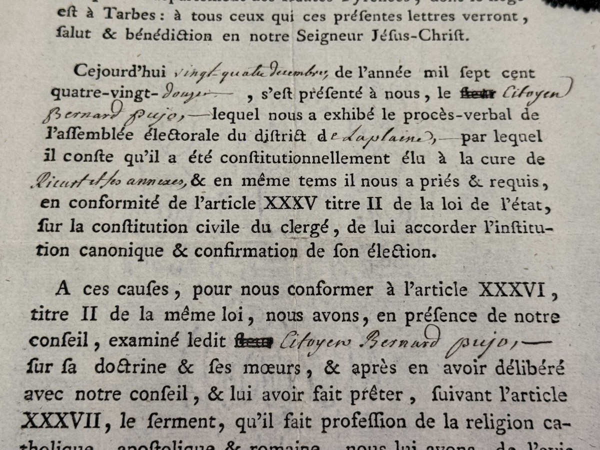  Tarbes  Nomination  d'Un  Curé  Constitutionnel  Avec Son Ruban  Révolutionnaire En   1792 -photo-5