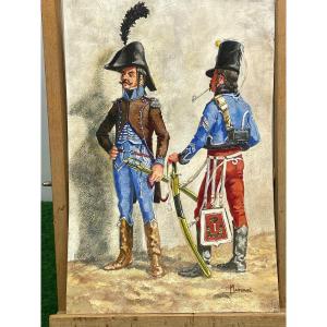 Gouache  Officier  2 ème  Hussard " Tenue De Ville "  Et Sous Officier Du 1 Er Hussard   1813  