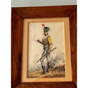 Aquarelle "  Hussard  Du 9 ème  Régiment  Au  Bivouac  Fumant La Pipe "  De  Lamy  19 ème 