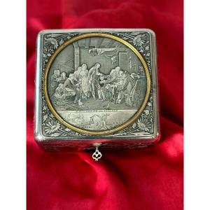 Silver Metal Jewelry Box "the Village Accordion" By Greuze, 19th Century 