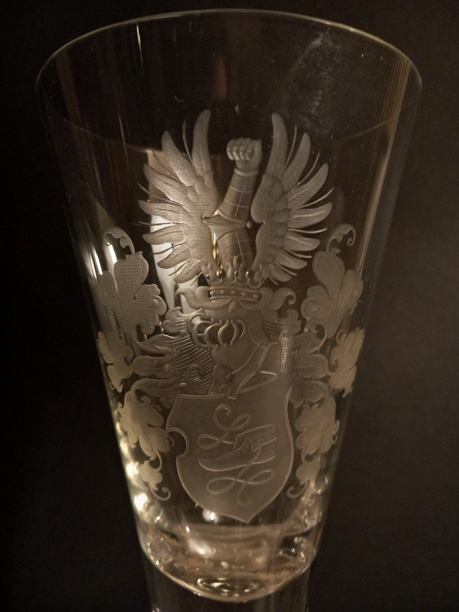 Bohemian, Six Large Crystal Glasses Or Pokals Engraved With Coat Of Arms-photo-2