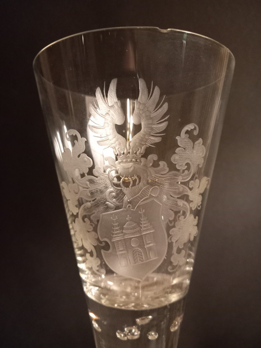 Bohemian, Six Large Crystal Glasses Or Pokals Engraved With Coat Of Arms-photo-3