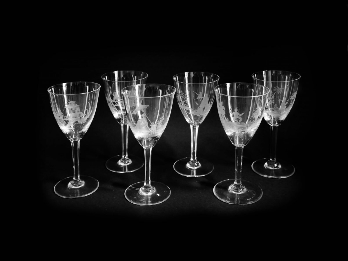 Delvaux à Paris - rare Suite De Six Verres à Pied En Cristal Gravé à Décor De Chinoiseries-photo-2