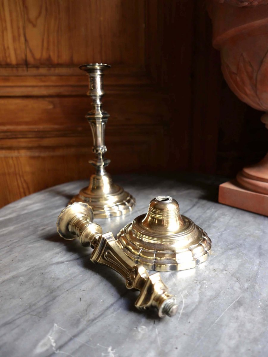 Pair Of Brass Candlesticks Formerly Silver-plated Regency Period-photo-3