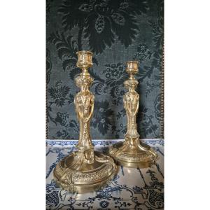 Pair Of Bronze Candlesticks With Caryatids